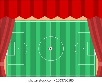 Soccer field beyong theatrical curtains