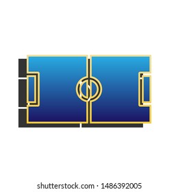 Soccer field. Blue icon with gold contour with dark gray shadow at white background. Illustration.