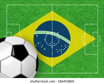 Soccer field with Brazil flag and ball