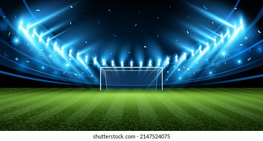 Soccer field with bright spotlights and confetti. Vector illustration