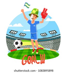 Soccer field with celebrating fan. Football supporter with glove or hand cheering for goal at stadium. 