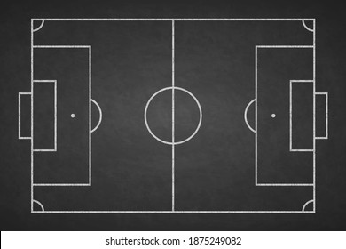 Soccer field chalked on blackboard. Football stadium on board. Background of painted chalk sketch line. Overhead view. Chalkboard texture with pattern sport play. Top plan. Fotball court. Vector