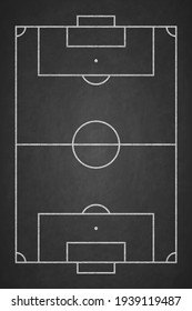 Soccer Field Chalked On Blackboard. Football Stadium On Board. Vertical Background Of Painted Chalk Sketch Line. Overhead View. Chalkboard Texture. Pattern Sport Play. Top Plan. Fotball Court. Vector