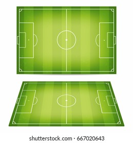 Soccer field collection. Football fields with trampled down grass. Top view and perspective view. Vector