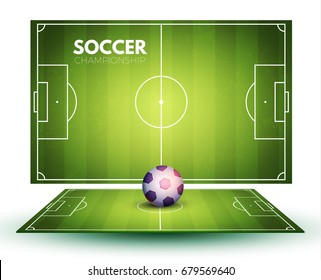 Soccer field collection and realistic ball. Perspective elements. Vector illustration