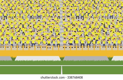 soccer field and crowd of yellow team cheering on grandstand vector