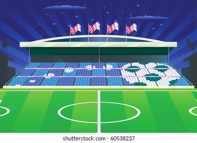 Soccer field and detailed tribune where ball drawn with seats. Vector illustration.