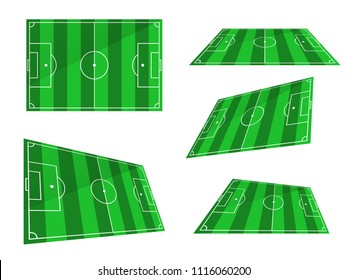 Soccer field in different positions with shadow. Green playing field, large grass sport area for training, flat design - vector illustration