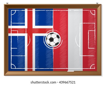 Soccer field drawing with austrian and iceland flag in background