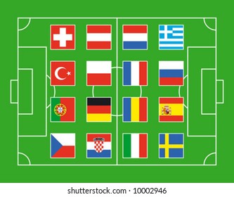 Soccer field with flags of European countries