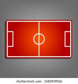 Soccer field. Flat red icon with linear white icon with gray shadow at grayish background. Illustration.