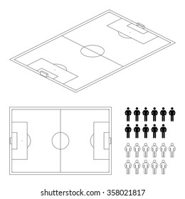 Soccer field or football field 3d perspective and top view with player black and white color isolated on white background