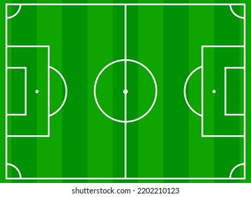 Soccer field. Football pitch. Stadium with green grass. Green texture with stripes and white lines, corner, penalty, center. Plan of football area for training and championship. Football match. Vector