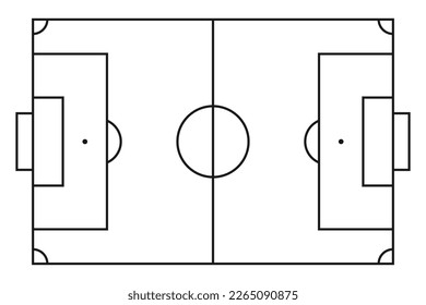 Soccer field. Football stadium. Black line grass isolated on white background for design prints. Overhead top view. Front yard. Border frame sport play. Formation competition. Vector illustration