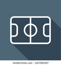 Soccer field, football stadium, linear outline icon of sport. White flat icon with long shadow on blue background