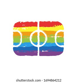 soccer field, football stadium, sport icon. Drawing sign with LGBT style, seven colors of rainbow (red, orange, yellow, green, blue, indigo, violet