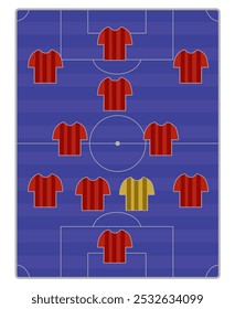 Formação de campo de futebol com camisas da equipe vermelha e goleiro em amarelo no quadro tático em design de vetor plano, lineup de futebol