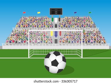 Soccer Field With Goal, Ball and Crowd in Grandstand. Vector