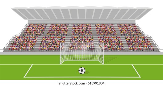 Soccer Field With Goal, Ball and Crowd on Grandstand. Isolated on White Background Vector