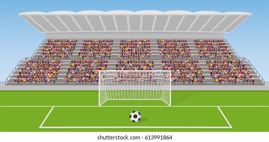 Soccer Field With Goal, Ball And Crowd On Grandstand. Vector