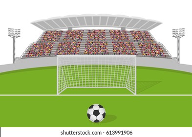 Soccer Field With Goal, Ball and Crowd on Grandstand. Isolated on White Background Vector