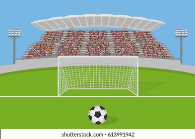 Soccer Field With Goal, Ball and Crowd on Grandstand. Vector