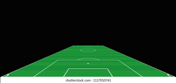 Soccer field. Goalkeepers extensive perspective view. Green pitch, sports turf. Vector illustration on black background.
