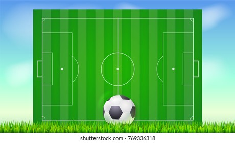 Soccer field with grass and ball on blue backdrop of sky. Background for posters, banner with european football field with markup, top view. 3D illustration, ready for print and design.