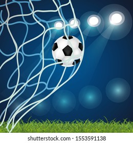 Soccer field, green grass and ball in goal, Vector