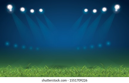 Soccer field, green grass and bright sports light. Vector