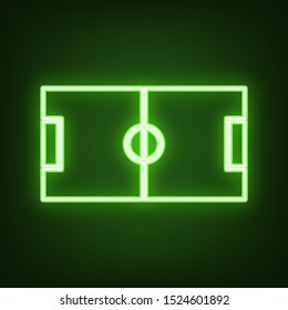 Soccer field. Green neon icon in the dark. Blurred lightening. Illustration.