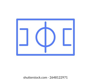 Ícone de campo de futebol, layout de visão superior mínima do campo de futebol com áreas de objetivo, círculo central e linhas de campo, estrutura de terreno de esportes simples e linha de vetor plano de linha de elemento de planejamento de jogo.