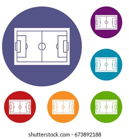 Soccer field icons set in flat circle reb, blue and green color for web