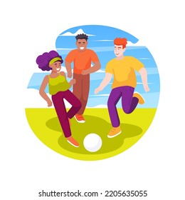 Soccer field isolated cartoon vector illustration. European football field, diverse people play soccer, suburban houses on background, community sport facility, public stadium vector cartoon.