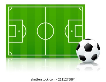 Soccer field in landscape mode with a soccer ball with reflections on a white background