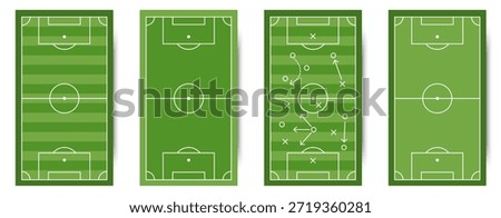 Soccer field layouts with strategy markings. Football pitch diagrams for tactics training and match planning