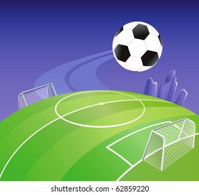 Soccer field on globe with detailed goals. Vector illustration.