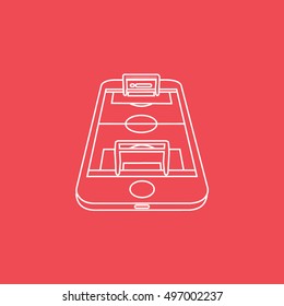 Soccer Field On Mobile Phone Display Line Icon On Red Background