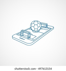 Soccer Field On Mobile Phone Display Blue Line Icon On White Background