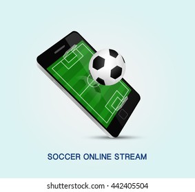 soccer field on smartphone with football reflection on screen, this concept for live match score as internet of thing in vector illustration