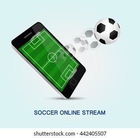 soccer field on smartphone with football move out from screen, this concept for live match score as internet of thing in vector illustration