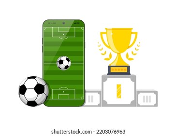 Campo de fútbol en pantalla de smartphone y vector de trofeo