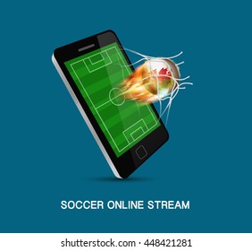 soccer field on smartphone with Wales football goes through the net from screen, this concept for live match score as internet of thing in vector illustration
