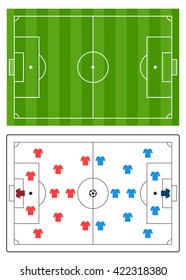 Soccer field and plan with players and football ball. Top view. Vector illustration flat style