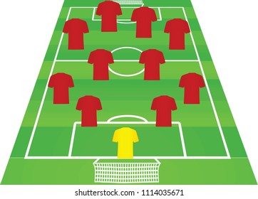 Soccer field with player formation. red jersey. vector illustration 