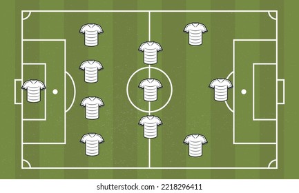 Soccer field with players icons. Top view of soccer, football field with grunge texture. Vector illustration