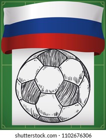 Soccer field with Russian flag and ball in hand drawn style ready to celebrate the international football championship.