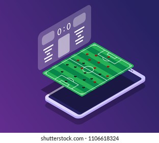 soccer field with score board app in smartphone vector isometric