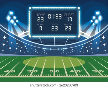 soccer field with scoreboard, football stadium vector illustration design