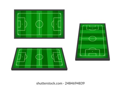 In: Soccer Field Set. Oben, seitliche isometrische Ansicht, realistische Vektorillustration. Isoliert auf transparentem Hintergrund.